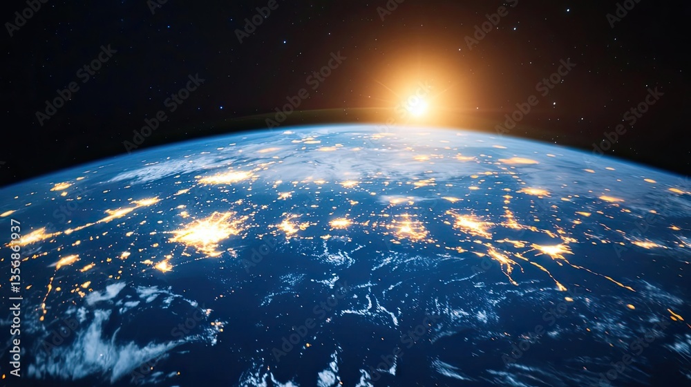 Obraz premium Earth at night displaying global finance and future business concept. Beautiful view of Earth from space during sunrise.