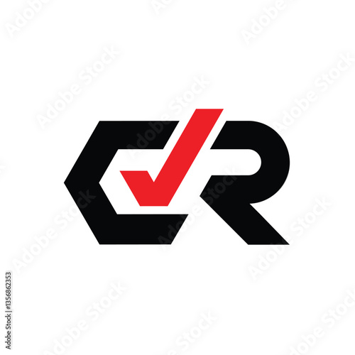 The image shows a flat logo design of an initial letter CR in black color with a red check mark icon that looks clean and sharp on a white background