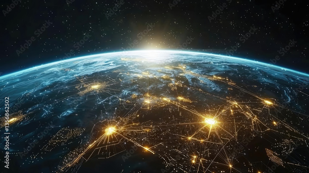 Obraz premium Earth at night displaying global finance and future business concept. A stunning view of Earth from space at sunrise, showcasing networks.