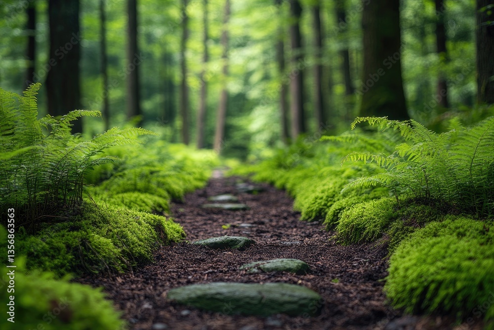 Obraz premium A dense rainforest with moss-covered rocks and ferns