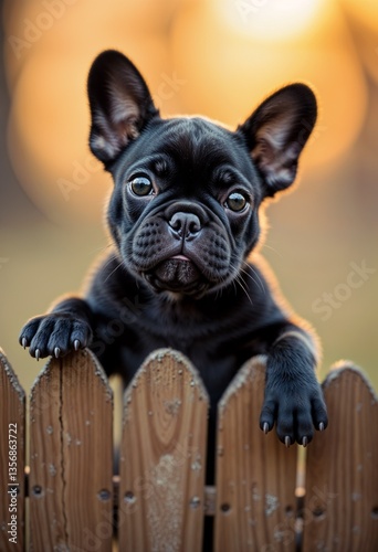 French bulldog puppy in a playful mood hanging over a wooden fence at sunset
