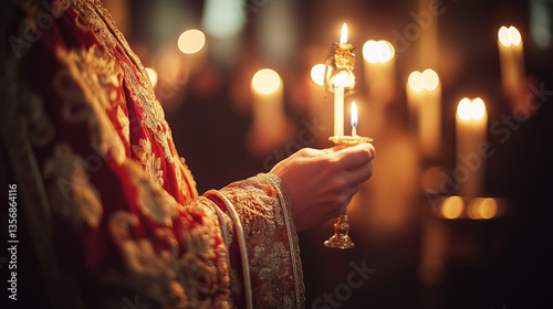 ceremony aide in an ornate robe gently lighting the altar lights for the Good Friday observance. Ai Generated Images