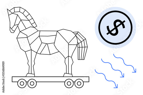 Geometric Trojan horse imagery paired with dollar sign in a circle and descending arrows. Ideal for economic manipulation, cybersecurity risk, hidden threats, scams, financial loss, fraud, flat
