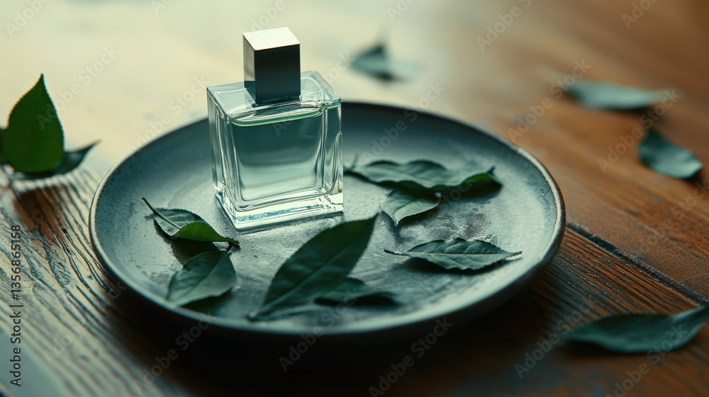Obraz premium Elegant perfume bottle on dark plate surrounded by green leaves, creating serene and natural atmosphere
