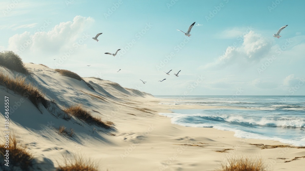 Naklejka premium Idyllic coastal landscape with sand dunes and seagulls soaring high
