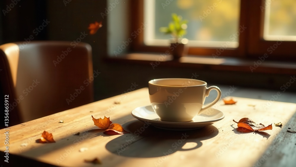 Warm Autumnal Sunlight Illuminates a Simple Table Setting with a Cup of Tea and Fallen Leaves Warm Autumnal Sunlight Illuminates a Simple Table Setting with a Cup of Tea and Fallen Leaves