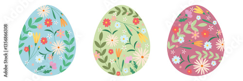 Colorful Easter Egg Collection with Bunnies, Flowers, and Patterns. Flat Illustration Set