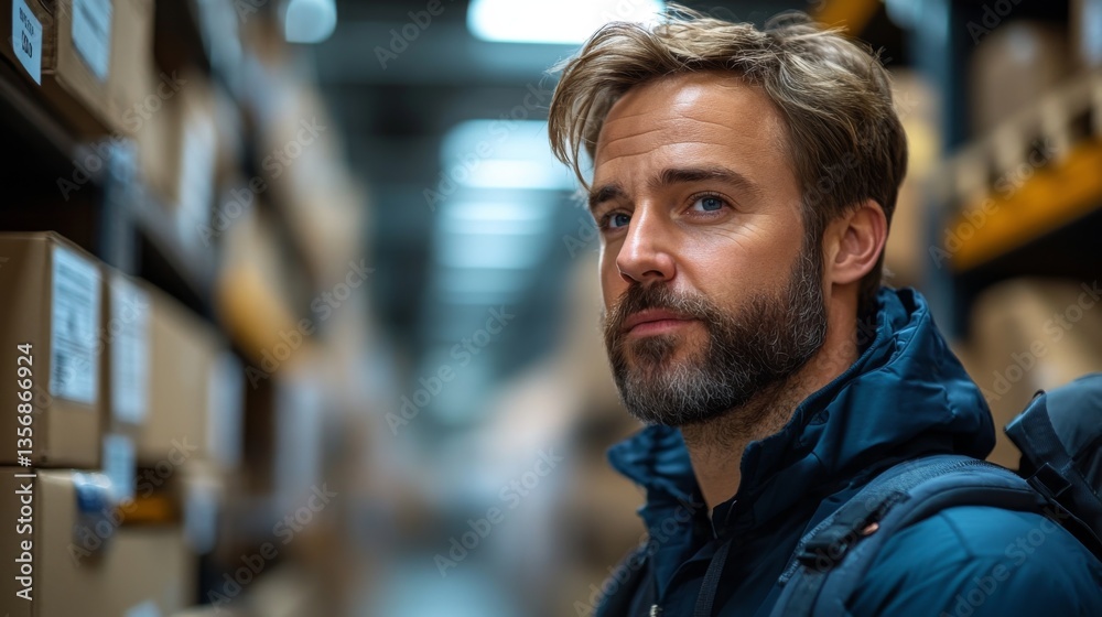 A logistics professional stands thoughtfully among stacked boxes in a large warehouse, assessing inventory levels while overseeing operations in the distribution area. A logistics professional stands thoughtfully among stacked boxes in a large warehouse, assessing inventory levels while overseeing operations in the distribution area.