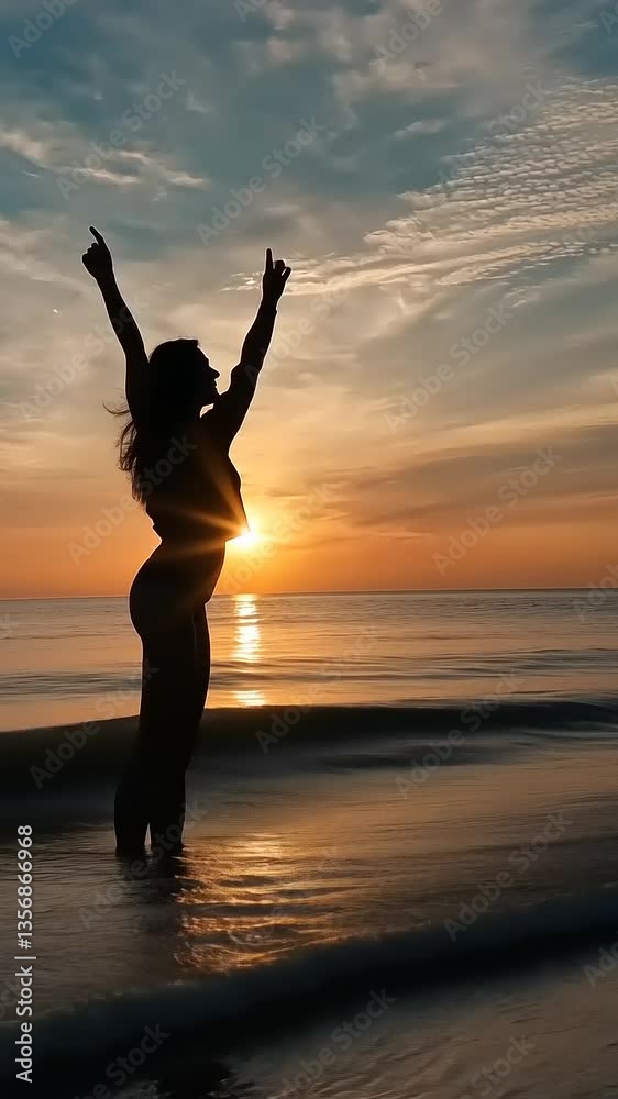 Silhouette of a joyful woman celebrating at sunset on a beach, with waves gently lapping at her feet Silhouette of a joyful woman celebrating at sunset on a beach, with waves gently lapping at her feet