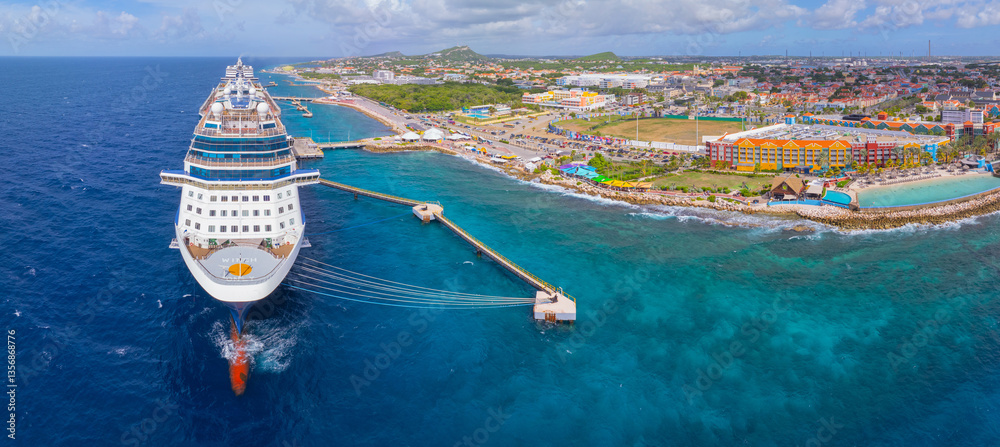 Celebrity Cruise Reflection aerial view docked at Curacao Cruise Terminal in Otrobanda, city of Willemstad, Curacao.