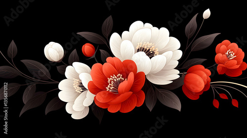 Red and White Peonies and Camelia Floral Arrangement on Dark Background