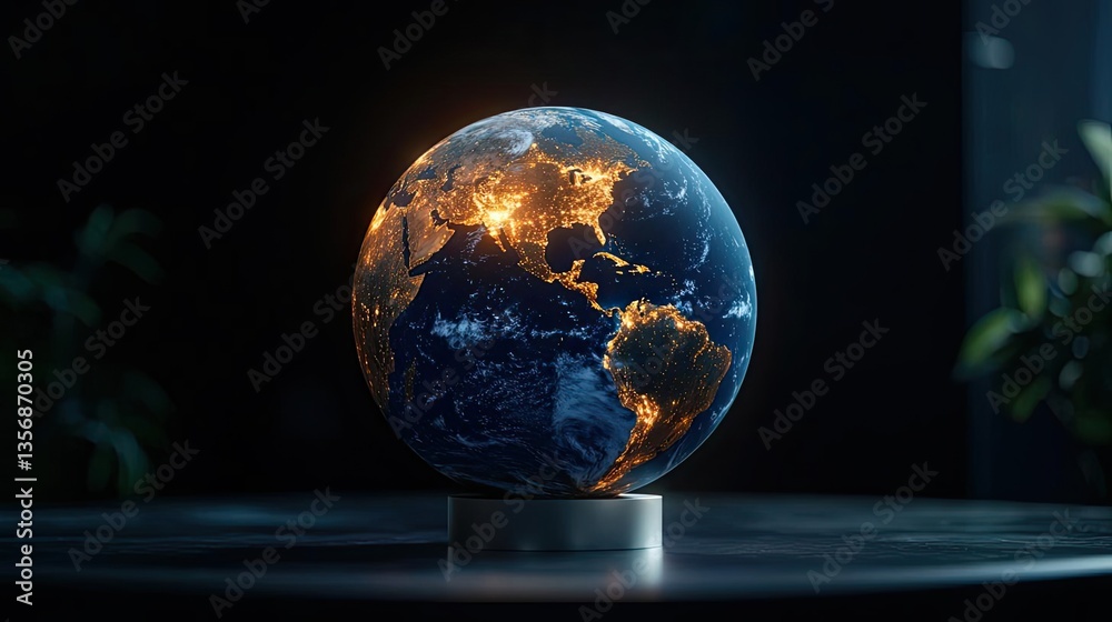 Fototapeta premium Earth at night with global communications and cityscapes concept. Illuminated globe showcasing Earth's beauty and interconnectedness.