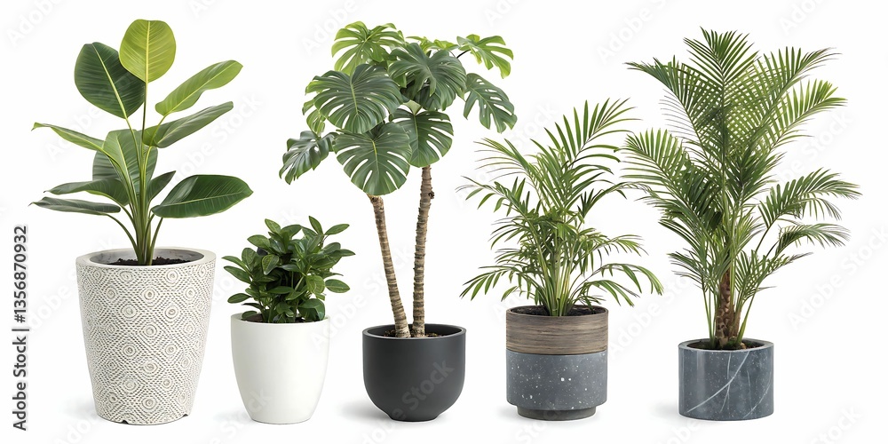 Obraz premium Five potted plants with unique foliage in distinctively styled pots symbolizing diversity and natural beauty against a plain white background