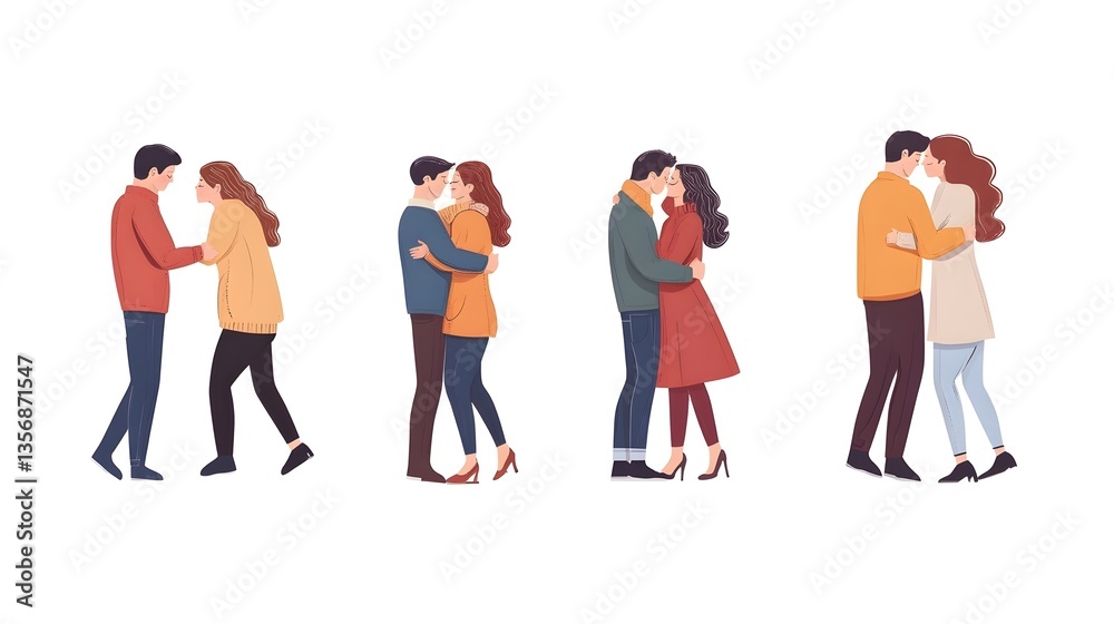 Fototapeta premium Romantic Couples Dating, Hugging and Walking Away, Back View - Relationship and Love Concept