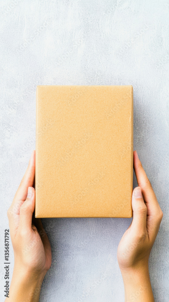 Fototapeta premium person holding plain brown delivery box with both hands, showcasing concept of online shopping and delivery