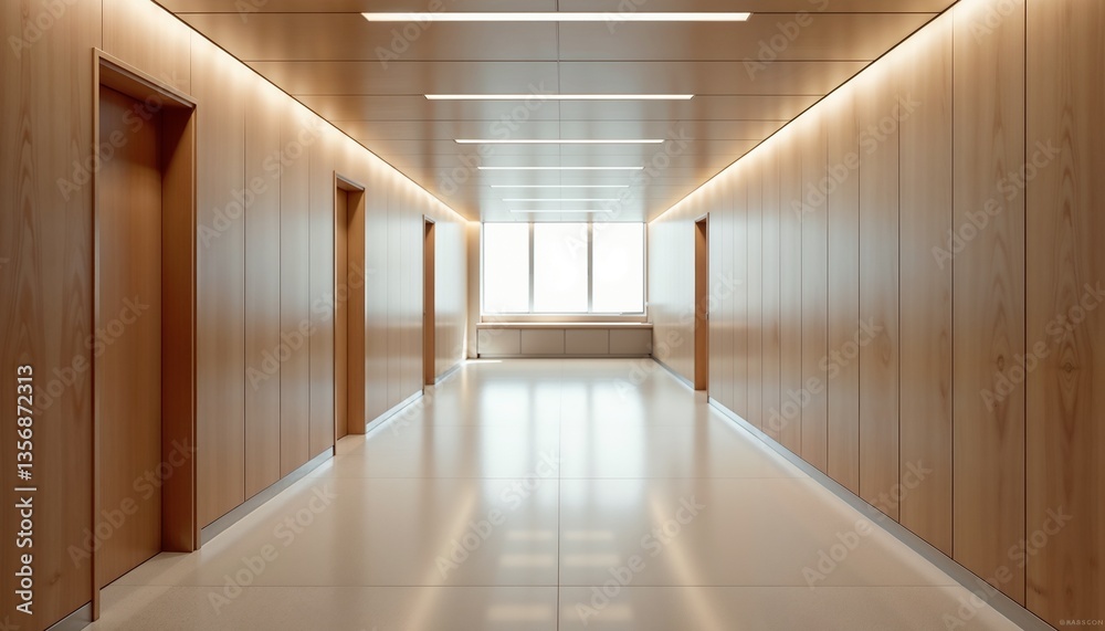Fototapeta premium Public building corridor with warm atmosphere and wooden walls, featuring large windows and bright lighting