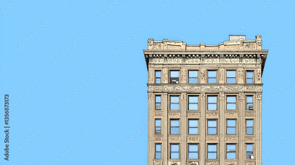 Fototapeta premium City building facade, clear sky, architectural detail, urban scene, real estate