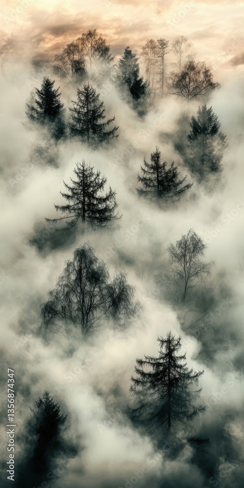 Obraz premium Explo a Mystical Forest Amidst Rusted Giants and Smoke-Kissed Skies with Mysterious Swirling Mists and Evergreens
