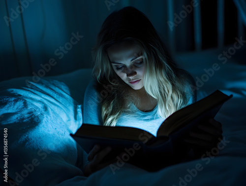 Obraz na płótnie Cozy Nighttime Reading in Bed w salonie