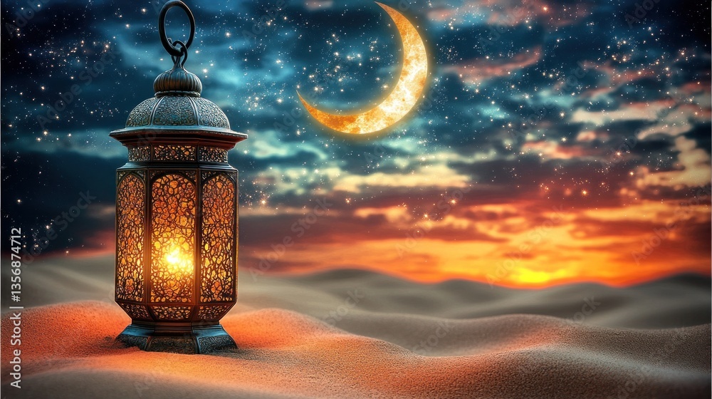 Ornamental lantern in desert at sunset with crescent moon Ornamental lantern in desert at sunset with crescent moon