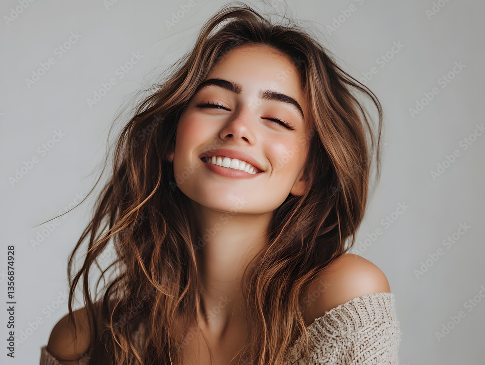 Joyful Elegance: Young Woman Smiling in Studio