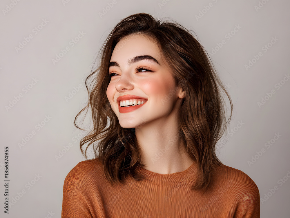 Joyful Elegance: Young Woman Smiling in Studio