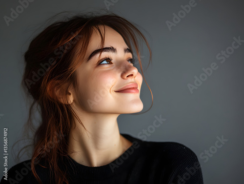 Obraz na płótnie Joyful Elegance: Young Woman Smiling in Studio w salonie