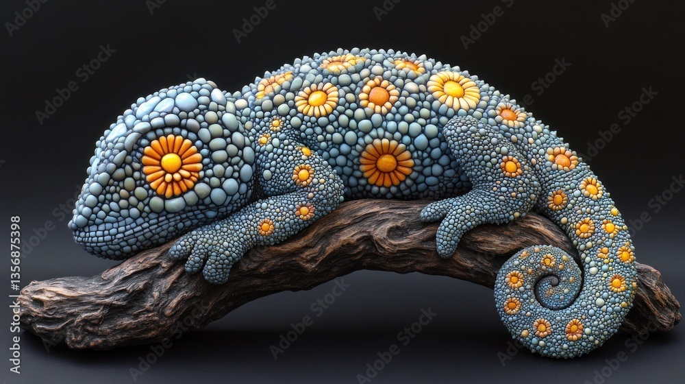 Obraz premium Ornate Chameleon on Branch, Dark Background, Decorative