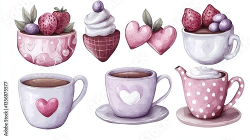 Adorable bubbly anime-style tea set sticker elements with heart-shaped treats, strawberry cups, and polka-dotted teapot design