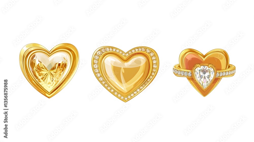 Luxurious Set of Three Isolated Golden Heart Shaped Blank Cards for Elegant Design Projects Luxurious Set of Three Isolated Golden Heart Shaped Blank Cards for Elegant Design Projects