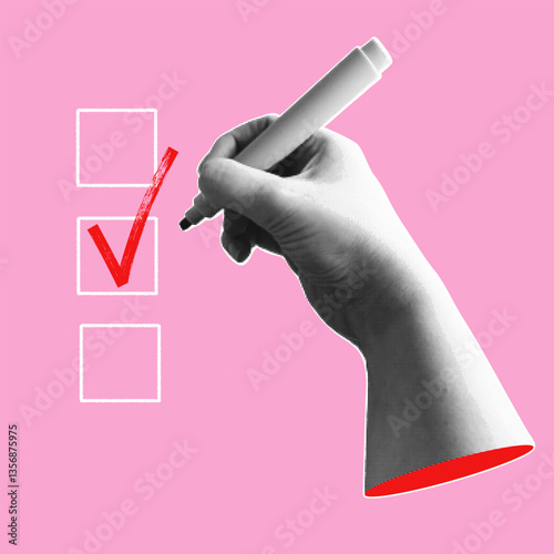 Trendy halftone banner with hand holding marker and writing check mark. Modern retro style. Voting concept. Contemporary collage for design template. Vector illustration.