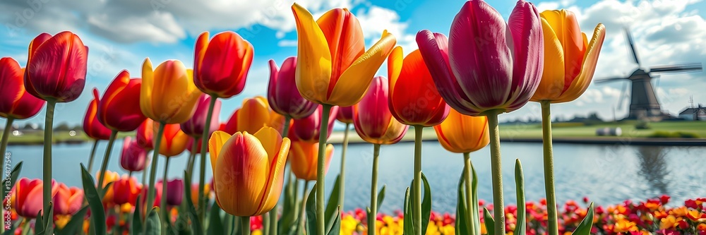 Obraz premium A Vibrant Tulip Garden Under a Bright Sky: Nature's Colorful Symphony