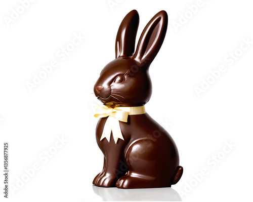 A rich, glossy chocolate Easter bunny with a ribbon around its neck, displayed on a crisp white background with soft lighting.
