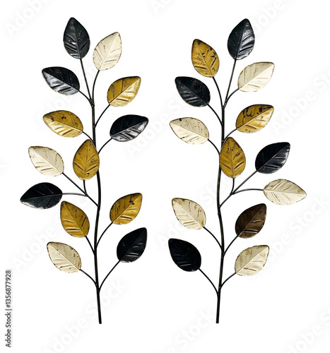 Metallic wall art with gold, black, and white leaf branches on a white background