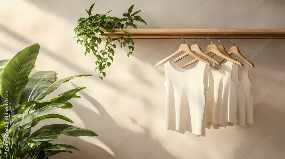 Minimalist Fashion Display: The photo showcases an arrangement of pristine white sleeveless tops hanging on wooden hangers, creating a sense of calm and elegance. Minimalist Fashion Display: The photo showcases an arrangement of pristine white sleeveless tops hanging on wooden hangers, creating a sense of calm and elegance.