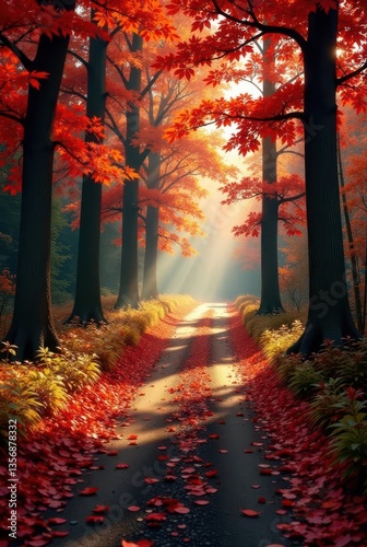 Autumnal Path Sunlit Road Through a Canopy of Crimson and Gold Leaves