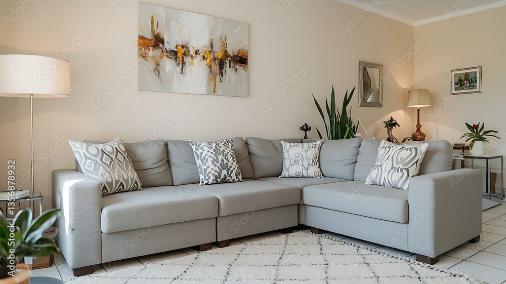 Obraz premium Bright living room interior design with a grey corner couch, three patterned pillows, painting, and white rug.