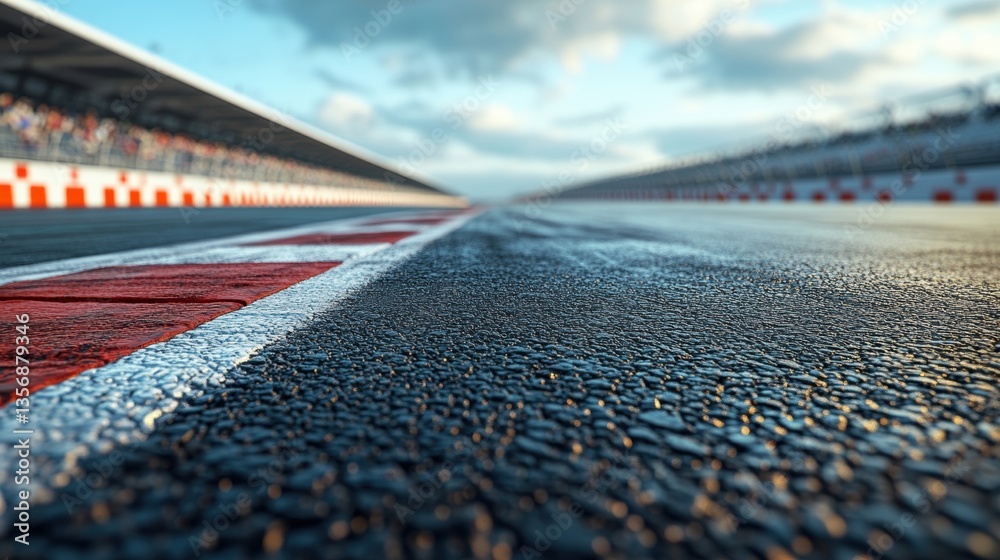 Obraz premium Close-up of wet textured asphalt on racetrack with red and white curb line stretching toward vanishing point. Race sport, competition, racing