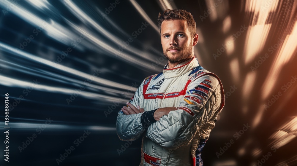Obraz premium Confident racer in white suit with crossed hands standing against dynamic blurred background.