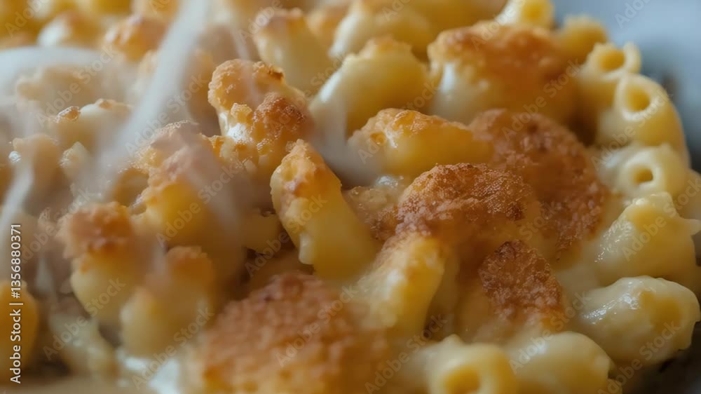 Creamy Mac and Cheese Dish with Crispy Breadcrumbs Topping Close Up Creamy Mac and Cheese Dish with Crispy Breadcrumbs Topping Close Up