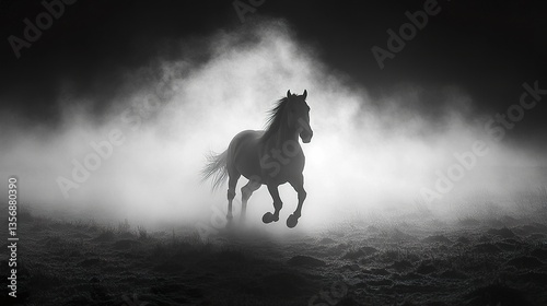 A hauntingly beautiful black-and-white image of a horse galloping, its silhouette breaking through layers of fog, creating a surreal and dreamlike effect 