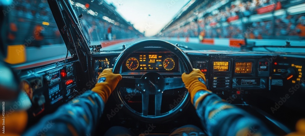 Obraz premium View from racing cockpit as driver grips wheel during intense night race, lights and speed creating thrilling motion. Race sport, competition, racing