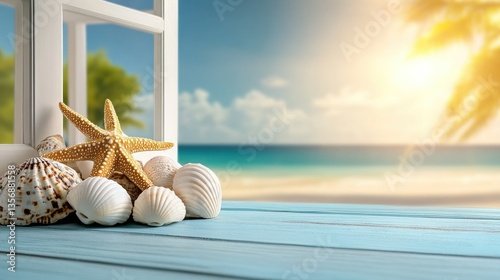 Beach Seashells View from Window, Tropical Sunrise Background, Home Decor