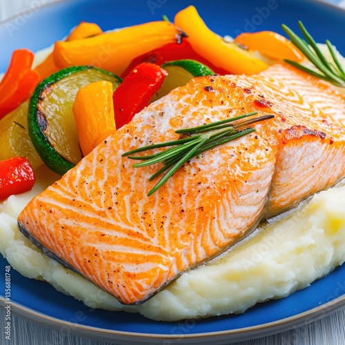 Succulent golden salmon fillet with charred skin on creamy mashed potatoes accompanied by a vibrant grilled vegetable medley