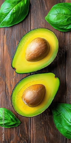 Halved avocados with creamy green flesh glistening on dark wooden surface surrounded by fresh vibrant basil leaves decoratively