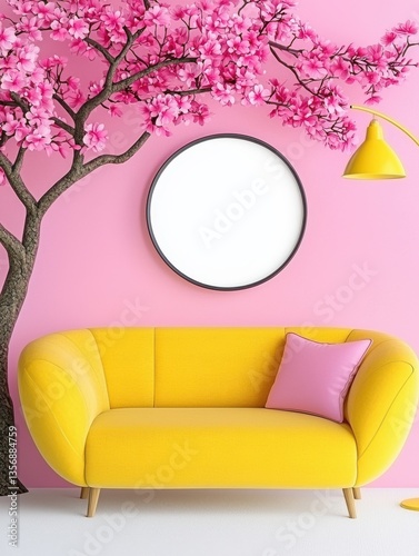 Blank circular frame on soft pink wall above vibrant yellow sofa with pink pillow and blossoming pink tree in bright room
