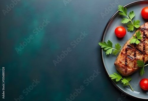 Perfectly Cooked Steak with Fresh Garnishes on Dark Marble Surface