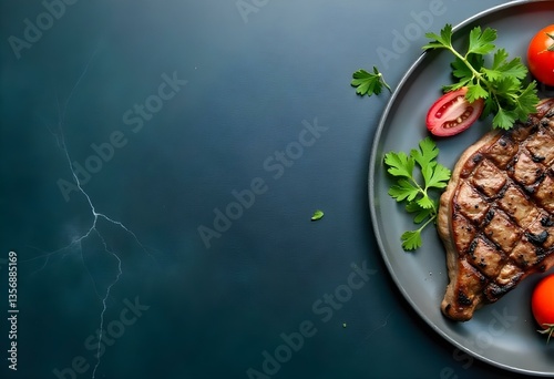 Perfectly Cooked Steak with Fresh Garnishes on Dark Marble Surface