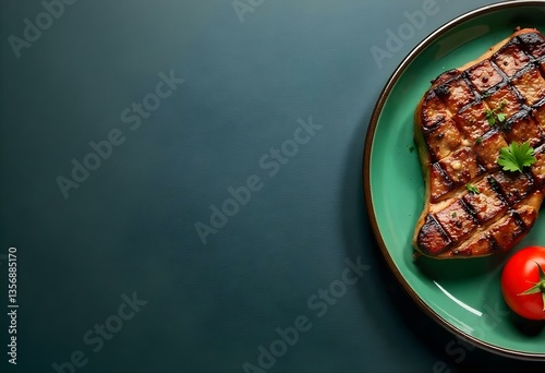 Perfectly Cooked Steak with Fresh Garnishes on Dark Marble Surface