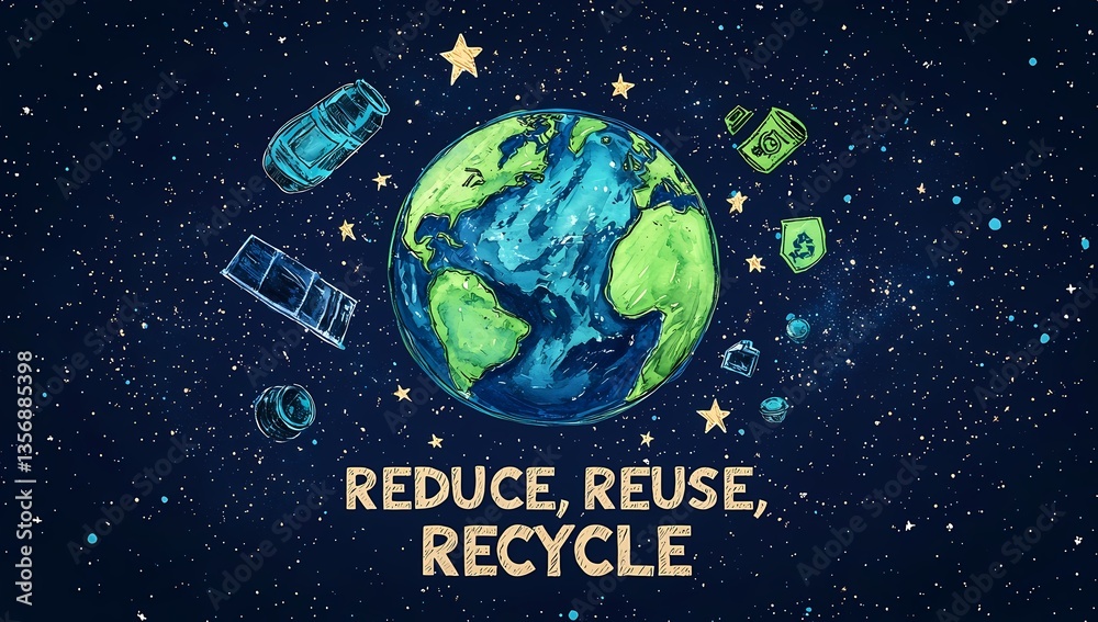 An illustrated planet Earth floats in space, surrounded by scattered waste items, accompanied by text promoting recycling and environmental consciousness. An illustrated planet Earth floats in space, surrounded by scattered waste items, accompanied by text promoting recycling and environmental consciousness.